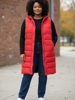 Swiss Tech Red Long Quilted Puffer Vest with Hood Womens 2X
